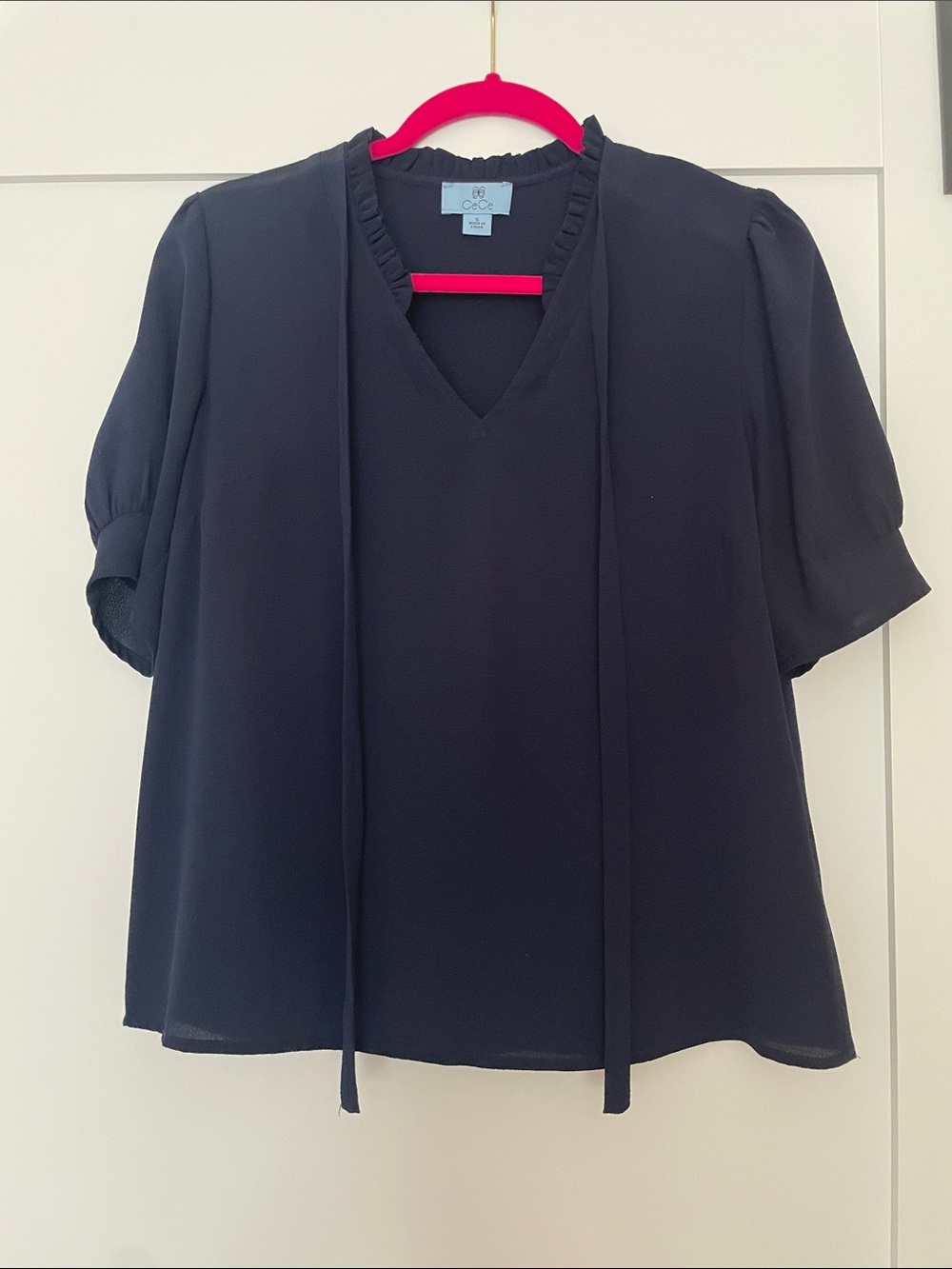 CeCe Navy V-Neck Tie Blouse